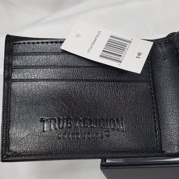 True Religion Mens Black Leather Wallet Bifold RFID Protection & Gift Box - Picture 3 of 5